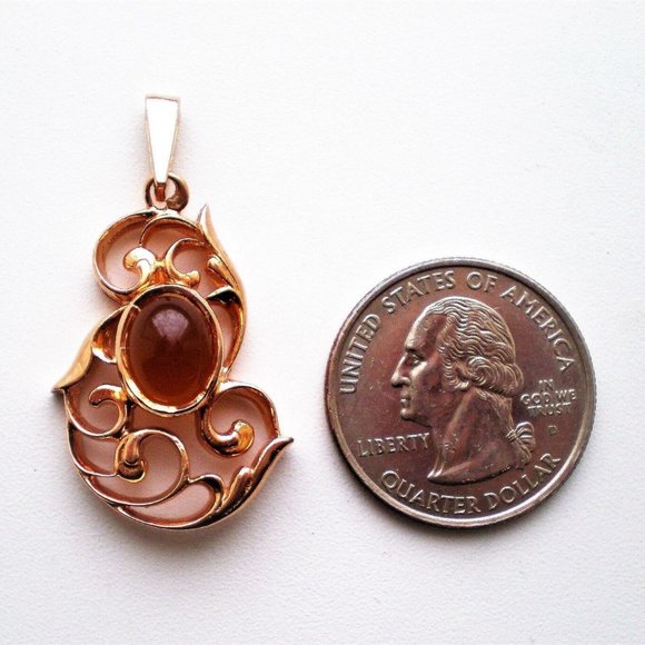 Vintage Russian Soviet USSR 14K 583 Rose Pink Gold Red Chalcedony Pendant - Picture 2 of 5
